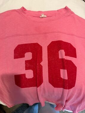 Pilcro Pink Long Sleeve Tee with Red Number Graphic